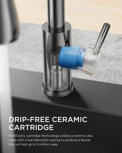 FORIOUS Kitchen Faucet with Soap Dispenser Chrome, Single Handle Stainless Steel Transitional Sink Faucet with Pull Down Sprayer 1 or 3 Hole, Suitable for Farmhouse Laundry Camper RV Bar