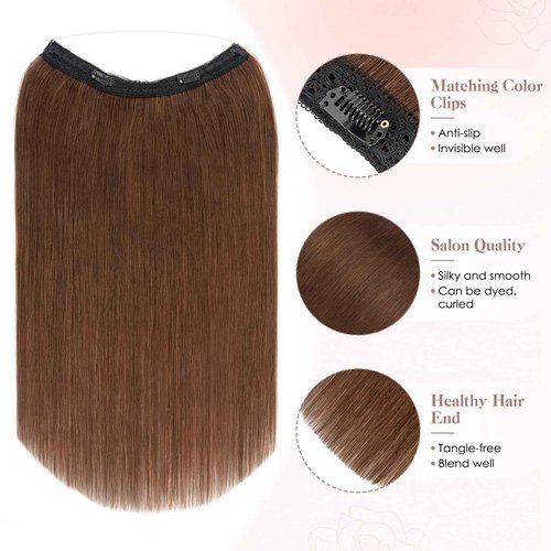 S-noilite Halo Hair Extension Invisible Wire in Real Remy Human Hair Extensions with Clips Adjustable Hidden Wire in Hair Extension for Women 20 inch Medium Brown