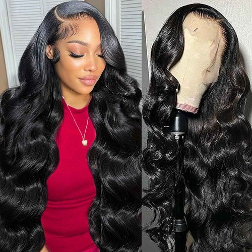 Anderah 28 Inch 13x6 Body Wave Lace Front Wigs Human Hair 13x6 HD Lace Glueless Human Hair Wig Pre Plucked Natural Hairline Brazilian Human Virgin Hair Long Black Body Wave Wig for Women 180% Density