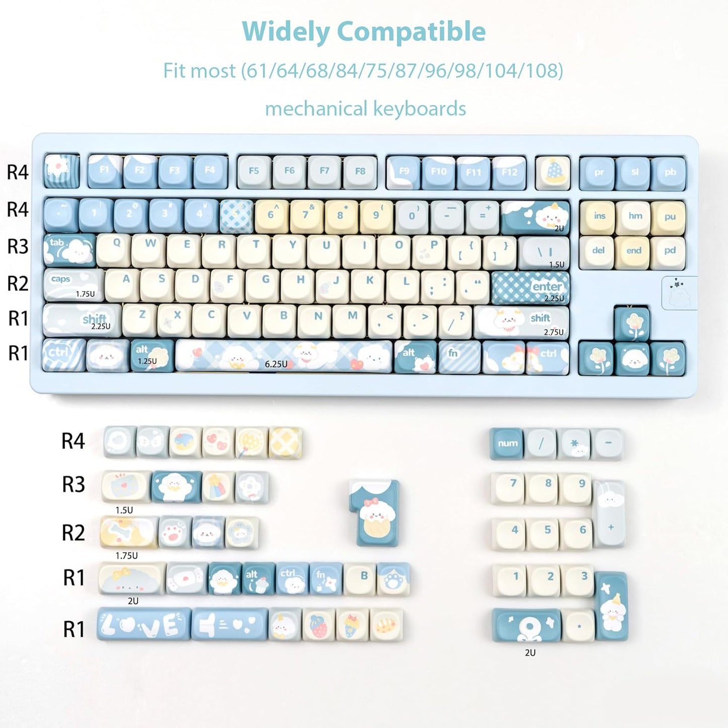 134keys Cute Keyboard Keycap PBT Blue Keycaps 60 65 75 100 Percent, MOA Profile Dye-Sublimation Custom Keycap for Cherry Gateron MX Swithes Mechanical Keyboards