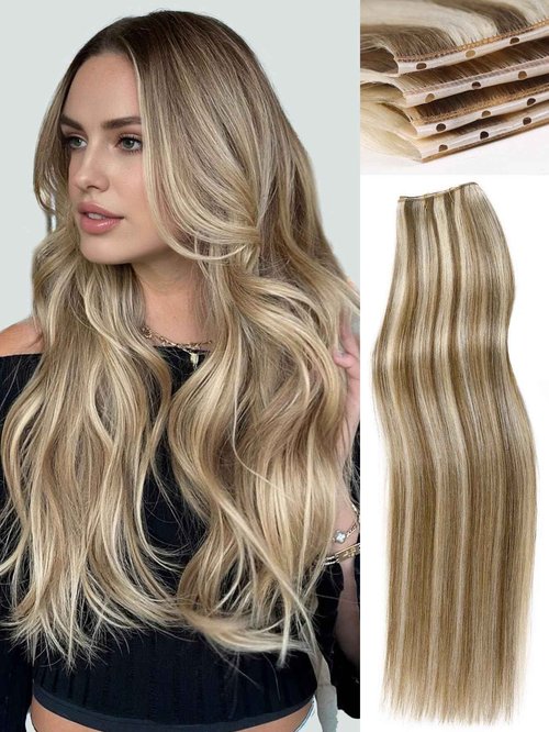 WIGNEE OVO 18 Inch Butterfly Invisible Human Hair Extensions, 1PC 50g Double Layer 13 Inch Wide Seamless Cuttable Blended Blonde with Micro Beads, Glueless Install for Thin Hair Volume