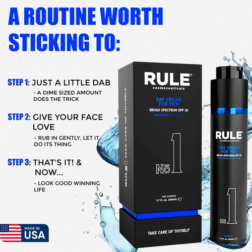 RULE COSMECEUTICALS No.1 Day Cream for Men, 10-in-1 Anti-Aging Face Moisturizer to Reduce Wrinkles & Dryness, SPF 20, Collagen, Vitamins B, C & E - Normal & Dry Skin - Original, 50 mL