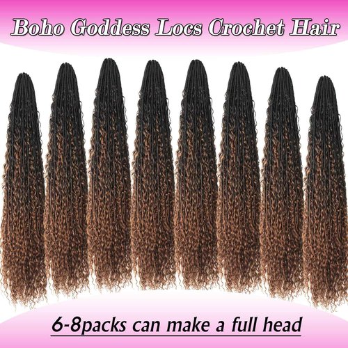 Goddess Locs Crochet Hair 30 Inch Faux Locs Crochet Pre-looped Boho Faux Loc with Curly Ends 8 Packs Long Bohemian River Loc Crochet Hair for Black Women(30Inch,1b/4/30)