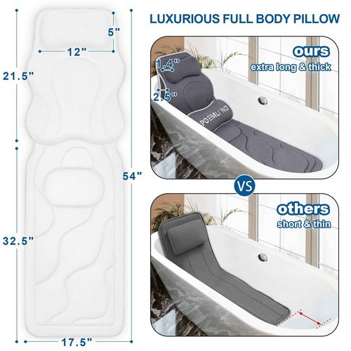 Poemland Full Body Bath Pillow for Tub - Extra Long & Thick Tub Pillow with Head, Back & Lumbar Support, 168 Non-Slip Suction Cups, Soft 5D Mesh Spa Cushion, Fits All Tubs-Gift for Soaking