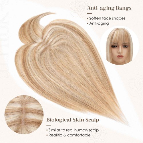 S-noilite Human Hair Toppers for Women with Bangs 100% Real Human Hairpiece 5"x3" Clip in Silk Base Topper Piece Cover Thinning Fine Hair 8 inch Golden Brown Highlighted Blonde
