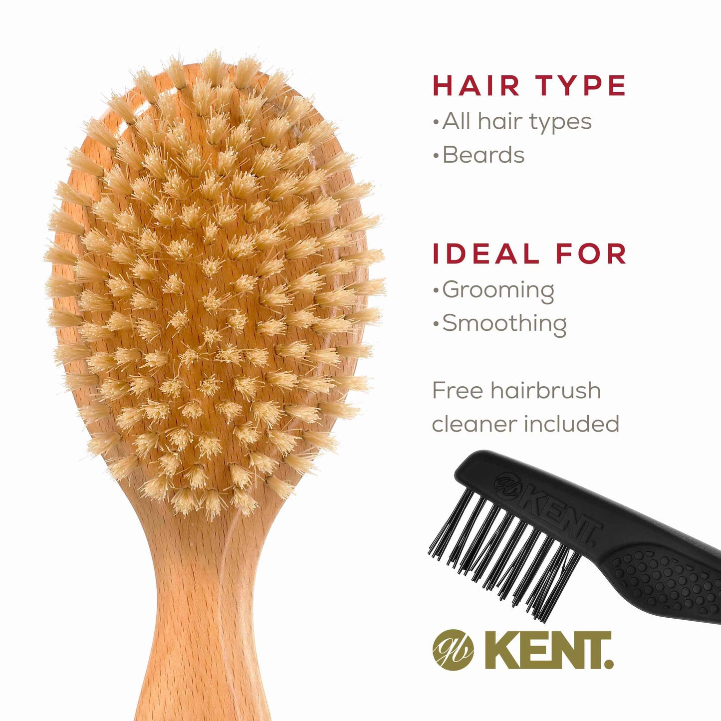 Kent OG3 Finest Men's Hair Brush and Facial Brush for Beard Care - 100% Natural White Boar Bristle Brush for Mens Grooming, Scalp Brush, 360 Wave, and Beard Straightener For Men's Hair Care