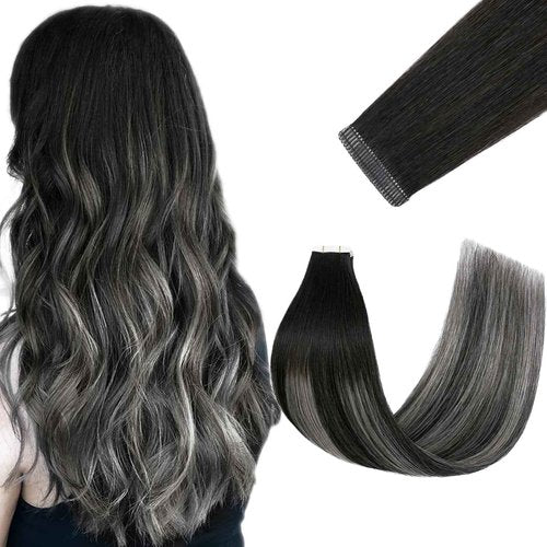FUOTONBUTY Tape in Hair Extensions Real Human Hair Double Stitched Invisible Seamless 20pcs 50g (Ombre Natural Black to Ice Grey, 22 inch)