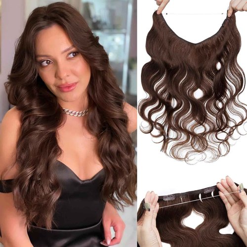 Benehair Halo Hair Extensions Real Human Hair, Brown Halo Hair Extension 100% Human Hair, Wavy Halo Extensions Human Hair, Curly Hair Halo Extensions, Wire Hair Extension, Medium Brown 75g/20Inch