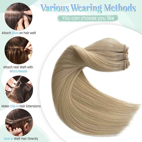 Sew in Hair Extensions Real Human Hair,Weft Hair Extensions Human Hair Bundles Blonde Hand Tied Weft Hair Extensions Human Hair 24 Inch 120G Sew in Weft Hair Extensions for Women