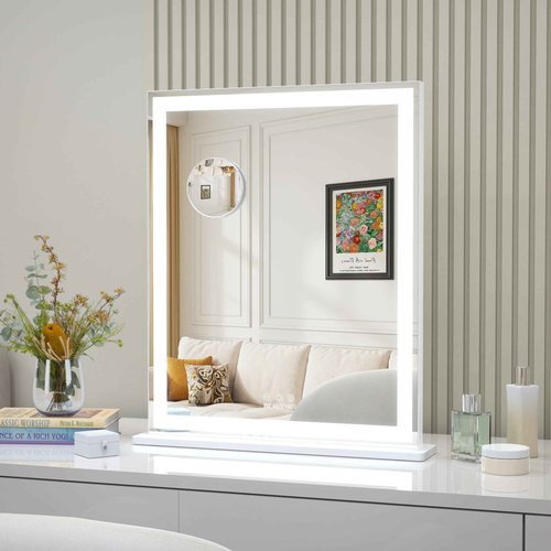 ANYHI Vanity Mirror with LED Light, 24"x20.5" Lighted Vanity Mirror with 10X Magnifying, 3 Color Modes, Dimmable, Smart Touch Control, Aluminum Frame, Tabletop/Wall Mount, White