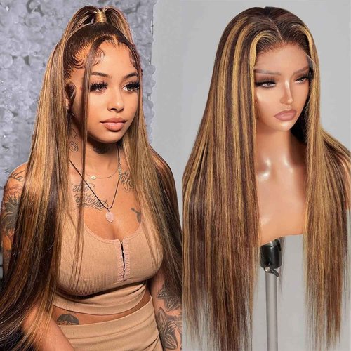 Habiliana Human Hair Wig 200% Density HD Straight Wave Wigs Human Hair Real Full Large Lace 4x4 Highlight P4/27 Weave Wigs Pre Plucked for Black Women