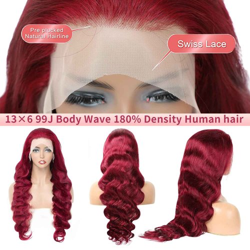 99j Burgundy Lace Front Wigs Human Hair 20 Inch Body Wave Lace Front Wigs Pre Plucked 180 Density 13x6 HD Burgundy Wig,100% Real Human Hair No Synthetic Blend No Tangle No Shedding Triple Lifespan 3X