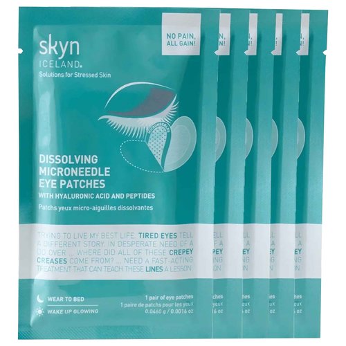 skyn ICELAND Dissolving Microneedle Under Eye Patches with 39% Hyaluronic Acid and Peptides, No Slip Overnight Eye Mask for Fine Lines, Wrinkles and Firming, Vegan, All Skin Types, 5 Pairs