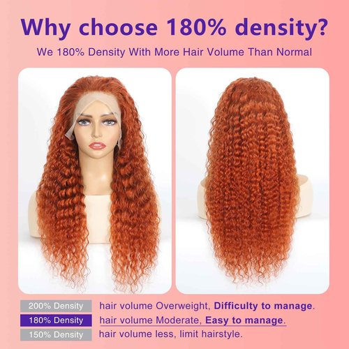 PREMAY 20 Inch Ginger Wig Human Hair 13x4 Deep Wave Lace Front Wigs 180 Density HD Lace Curly Orange Wig Glueless Wigs Human Hair Pre Plucked 350# Colored Ginger Wig
