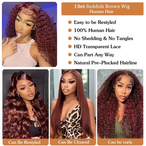 Cfaimity Reddish Brown Lace Front Wigs Human Hair 13x6 Reddish Curly Lace Front Wig 180 Density Deep Wave HD Lace Frontal Wigs Pre Plucked for Women burgundy 33# Colored Human Hair wig 18inch