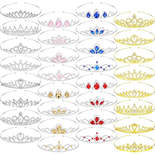 Jexine 32 Pieces Girls Princess Crown Girls Tiara Colorful Crystal Rhinestone Headpiece Glitter Crown Headband Princess Hair Accessories for Wedding Prom Costume Birthday Party