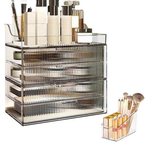 DASITON Clear Dustproof Four layers Storage Box,Makeup Brush Holder,Large Capacity Desktop Storage Box with Drawer,for Beauty Products,Perfume,Jewelry,Nail Polish