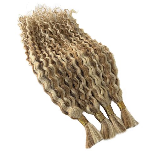 P27/613 Blonde Human Braiding Hair Deep Water Wave Bulk 26 Inch Long Curly Bundles Human Hair Color 27 and 613 Blonde Boho Human Hair for Braiding Highlights Blonde Boho Braids Bundles No Weft