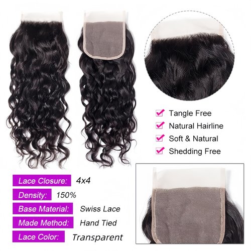 Czrleaty Brazilian Water Wave with Lace Closure - Wet and Wavy Hair, Deep Curly Human Hair 5 Bundles (50g/bundle) with 4x4 Lace Closure (16/16/16/16/16+16")