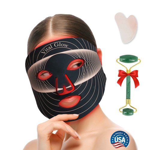 Vital Glow Red Light Therapy Mask, LED light Therapy for Face + Jade Roller & Gua Sha, At-Home Skincare Beauty Treatment, For Home, Portable & Rechargeable
