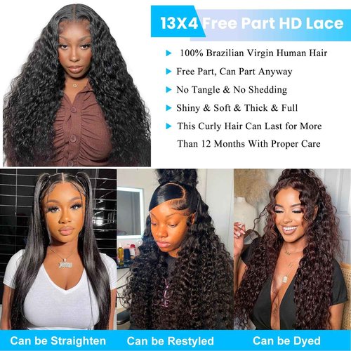 Keizanar Deep Wave Lace Front Wigs Human Hair Pre Plucked 13x4 HD Lace Frontal Wigs For Women Human Hair Glueless Deep Curly Lace Front Wig Human Hair with Baby Hair 180% Density (22 Inch)