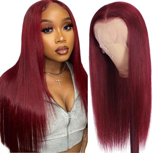 99j Burgundy Lace Front Wigs Human Hair 13x6.5 HD Burgundy Colored Lace Front Wigs Human Hair 250% Density Glueless Straight Wigs Human Hair Pre Plucked with Baby Hair (22 inch, 99j)