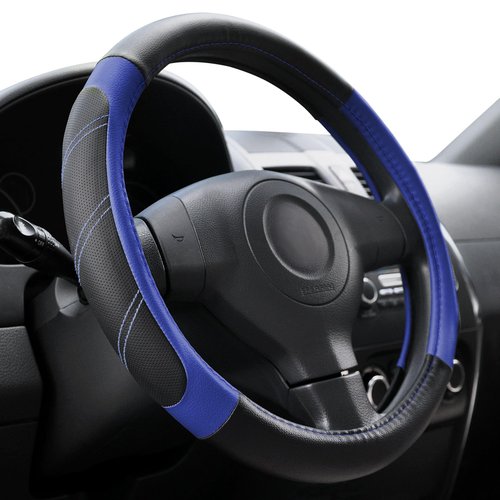Elantrip Steering Wheel Cover Leather 14 1/2 to 15 inch Universal Padded Soft Grip Breathable for Car Truck SUV Jeep Anti Slip Blue and Black