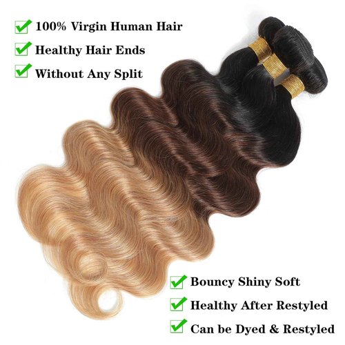 Brazilian Virgin Hair Body Wave Ombre Human Hair 3 Tone, 3 Bundles Ombre Brazilian Hair Extensions (T1B/4/27, 14" 16" 18")