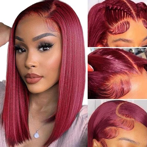 Keytac Wear and Go Glueless 99J Burgundy Bob Wigs Human Hair 16 Inch Pre Cut 99J Bob Lace Front Wigs Human Hair with Baby Hair Straight HD Transparent Bob Lace Frontal Wig Short Wigs for Black Women