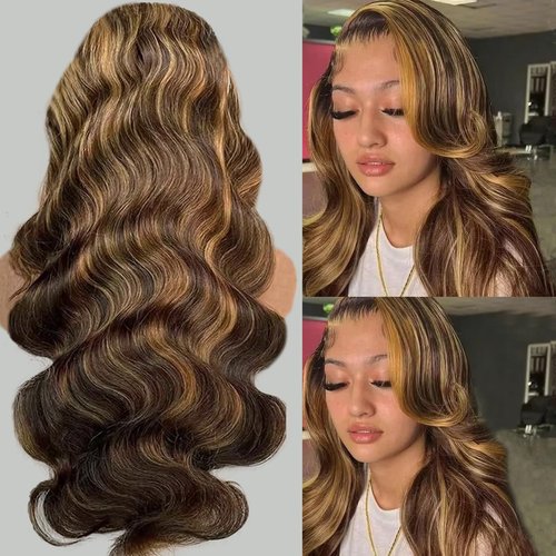 Munx Honey Blonde Highlight Wig Human Hair Ombre Body Wave Lace Front Wig 180 Density Full Ends 13X4 HD Lace Frontal Wigs Human Hair Pre Plucked 4/27 Colored Lace Wigs 28in