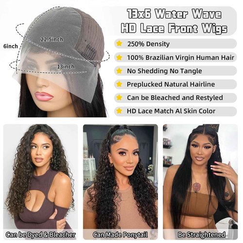 QKOQKO 13x6 Water Wave Lace Front Wigs Human Hair Wigs 10A 250 Density HD Transparent Wet and Wavy Lace Front Wigs Glueless Deep Curly Lace Frontal Wigs Human Hair Pre Plucked for Women（12 Inch）