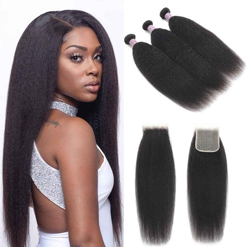 Vligcor Kinky Straight Human Hair Bundles With 4x4 Lace Closure Free Part 16 16 16+14 Inch Natural Black 100% Unprocessed Brazilian Virgin Yaki Straight Hair Extensions (16 16 16+14Closure)