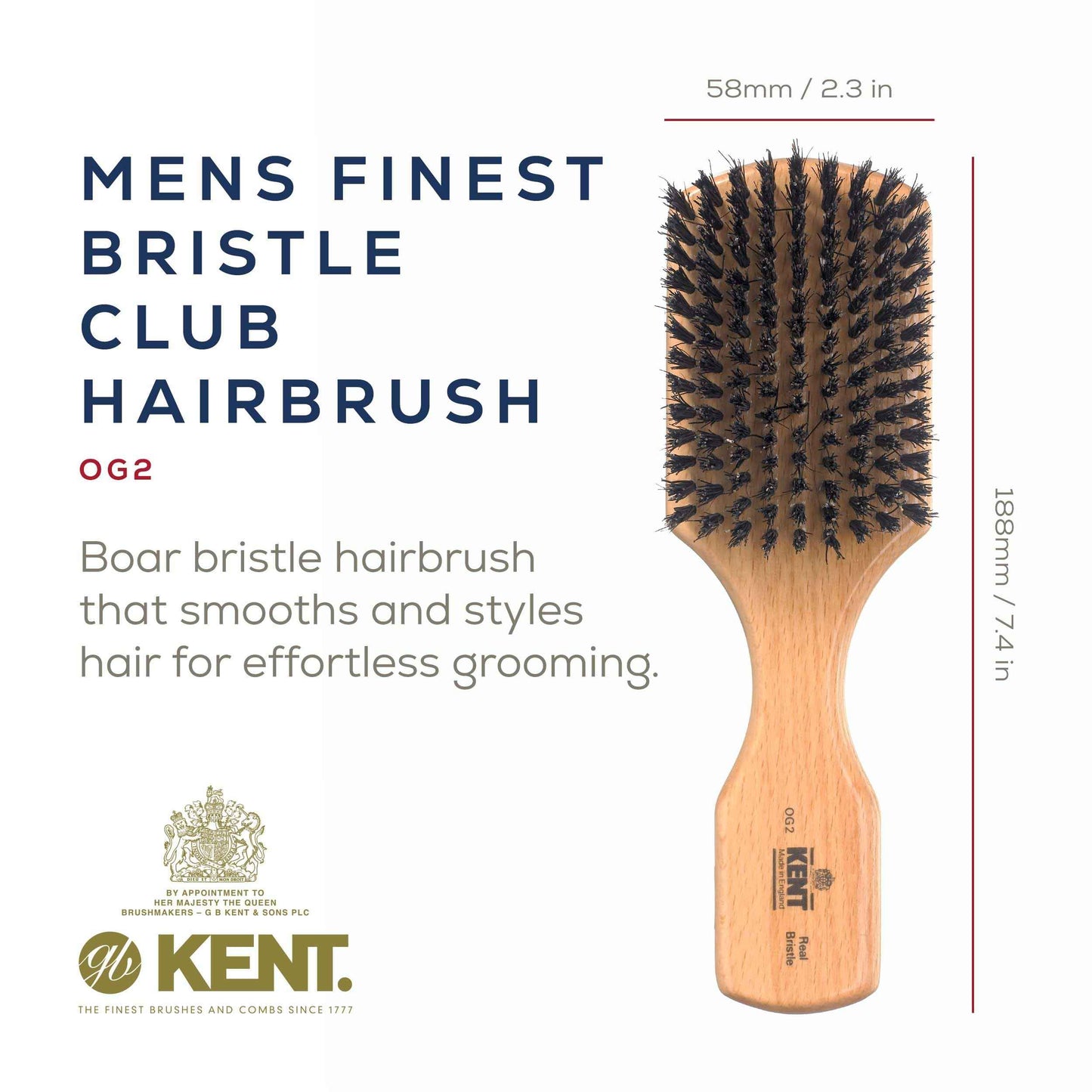 Kent OG2 Club Hair Brush, Small Boar Bristle Hair Brush for Men, Natural Boar Bristle Beard Brush for Men, Beechwood Kent Brush for Hair and Beards and Beard Straightener