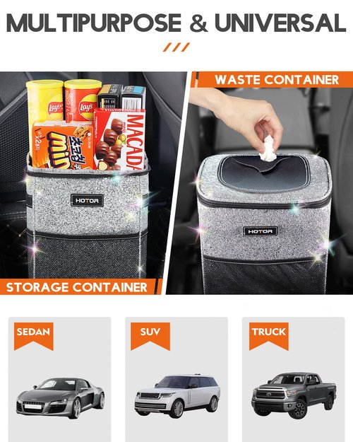 HOTOR Car Trash Can with Lid and Storage Pockets - 100% Leak-Proof Organizer, Waterproof Garbage Can, Multipurpose Trash Bin for Car, 2 Gallons, Sparkle White