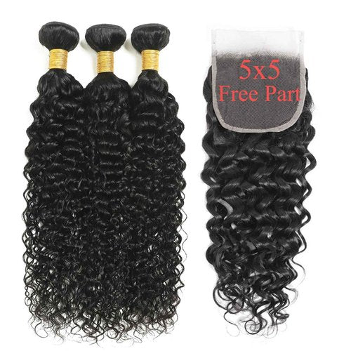 Water Wave Bundles with Closure Human Hair Wet and Wavy 18 20 22 inch 100% Unprocessed Virgin Human Hair Bundles with 16 inch Closure 5x5 Lace Free Part
