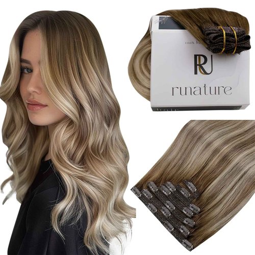 RUNATURE Clip in Hair Extensions Real Human Hair Balayage Hair Extensions Clip Ins, Double Weft Remy Straight Hair, 18 Inch 120g 7pcs #3/8/22 Walnut Brown to Light Brown Highlight Light Blonde