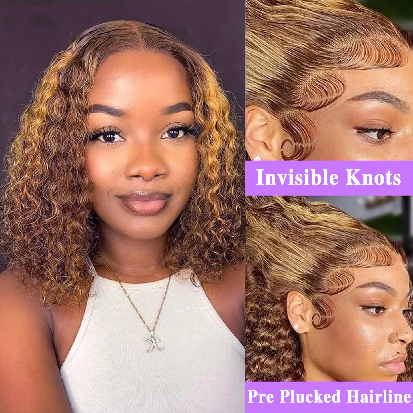 Punmasa 18 Inch Bob Wig Human Hair 13x6 Frontal Lace Wig 200% Density Highlight Ombre Lace Front Wigs Human Hair Pre Plucked Bob Wigs for Women 4/27 Curly Human Hair Wig