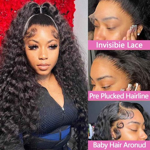 MMFZPHEIR 24Inch Water Wave Lace Front Wigs Human Hair 200 Density 13x6 HD Lace Front Wigs Pre Plucked Glueless Curly Human Hair Wigs For Women Water Wave Frontal Wigs