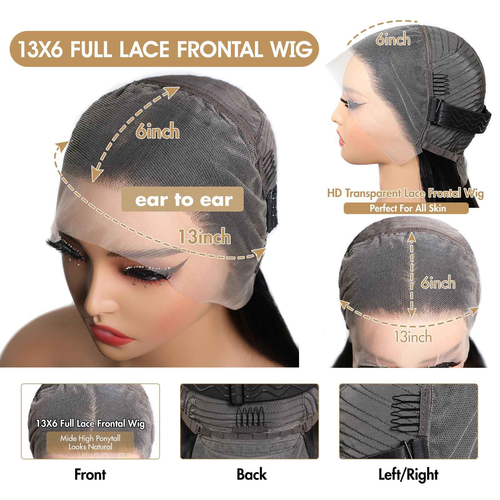 22 inch 13x6 Lace Front Wigs Human Hair 220 Density Straight Lace Front Wigs Human Hair 15A Grade Brazilian Virgin HD Transparent Lace Frontal Wigs Human Hair for Women Glueless Wigs Pre Plucked