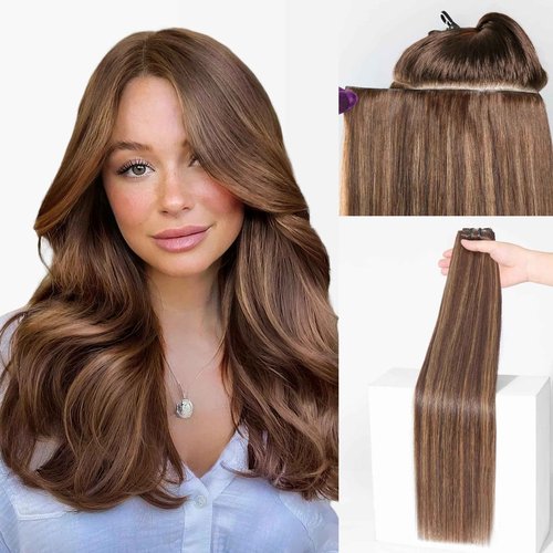 LUVME Invisible Clip in Hair Extensions Real Human Hair, 16 inch 110g 6Pcs, Natural Brown Highlights Human Hair Extensions Clip ins for Women, Natural Seamless Straight Human Hair
