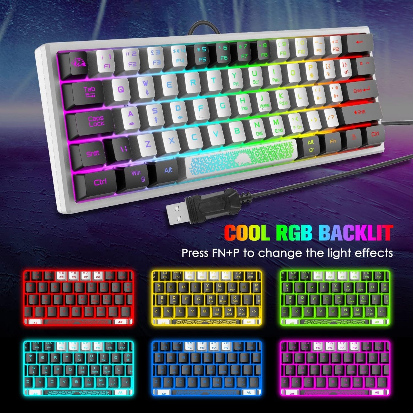 60% Gaming Keyboard and Mouse Combo Small Mini RGB Backlight Mechanical Feeling and Mechanical RGB 6400 DPI Honeycomb Optical Mouse,Gaming Mouse pad for Gamers and Typists Black