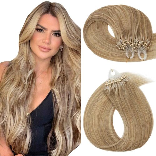 Hairro Loop Ring Human Hair Extensions Micro Link Beads Hair Balayage Highlights Keratin I Tip Pre Bonded Weft Virgin Hair 22 inch 50g 100 Strands #12P613 Golden Brown mix Bleach Blonde