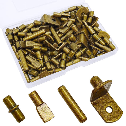 104Pcs Shelf Pins Pegs Kit,4 Styles Shelf Support Pegs,Bookshelf Pegs for Shelves,Cabinet Shelf Bracket Pegs Shelf Holders Pins for Kitchen Furniture & Closet (5mm & 1/4inch,Bronze Tone)