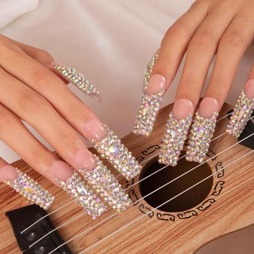 LOVFUL Press on Nails Angel's Tear Rhinestone | Handmade with Full Covered Crystals | Reusable Fake Nails | Square Mid length 1.7in | H48-M