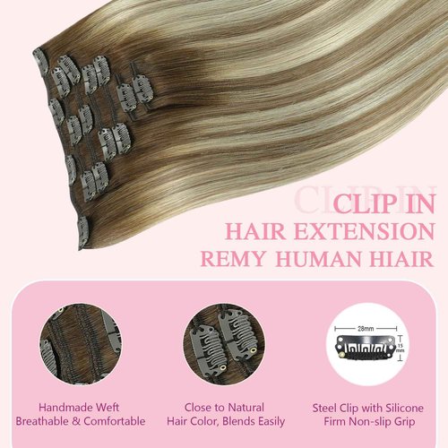 PINKPEARL Clip in Human Hair Extensions #3/8/22 Balayage Walnut Brown to Ash Brown and Golden Blonde Clip in Hair Extensions Real Human Hair 7pcs 120g 14inch Human Hair Extensios Clip ins(#3/8/22-14)