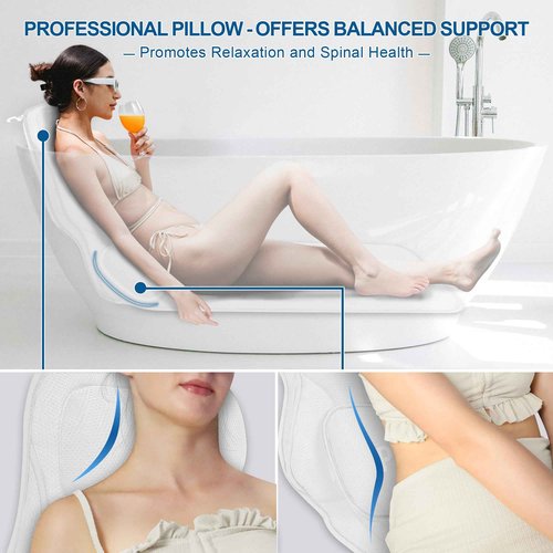 Poemland Full Body Bath Pillow for Tub - Extra Long & Thick Tub Pillow with Head, Back & Lumbar Support, 168 Non-Slip Suction Cups, Soft 5D Mesh Spa Cushion, Fits All Tubs-Gift for Soaking