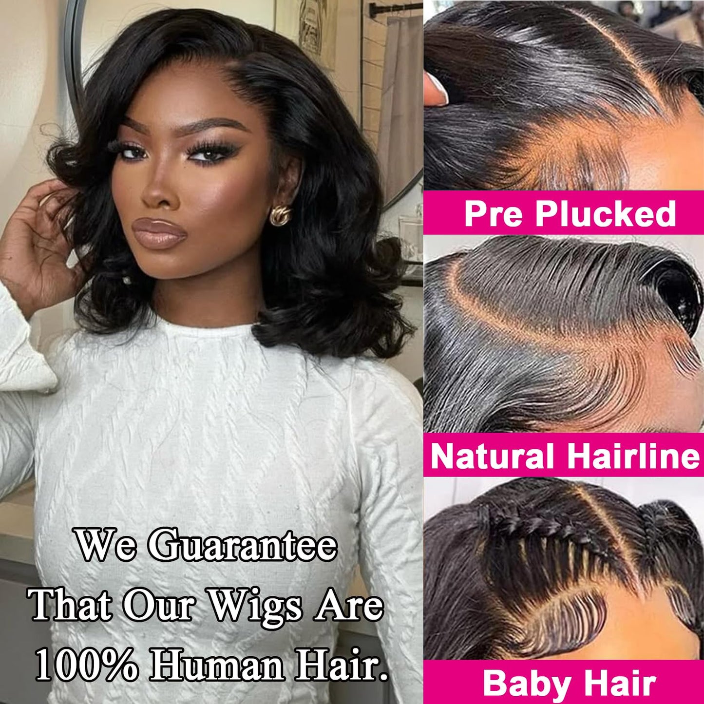 13X6 18inch 230%Density Natural Black Bob Wig Human Hair, Body Wave Wig Human Hair, Short Bob Lace Front Wigs Human Hair, Bob Wigs For Black Women, Pre Plucked With Baby Hair HD Transparent Lace