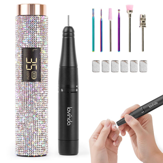 Lavinda Diamond Electric Nail Drill, Professional Rechargeable 35000RPM Electric Nail File Cordless Portable Nail Drill with Coreless Motor for Acrylic Nails (AB Rhinestone)