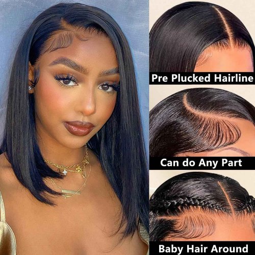 Youngirl Straight Bob Wig Human Hair 14 Inch 13x4 HD Lace Front Wigs for Black Women Glueless Short Bob Lace Frontal Wig Human Hair Pre Plucked 150% Density Natural Black