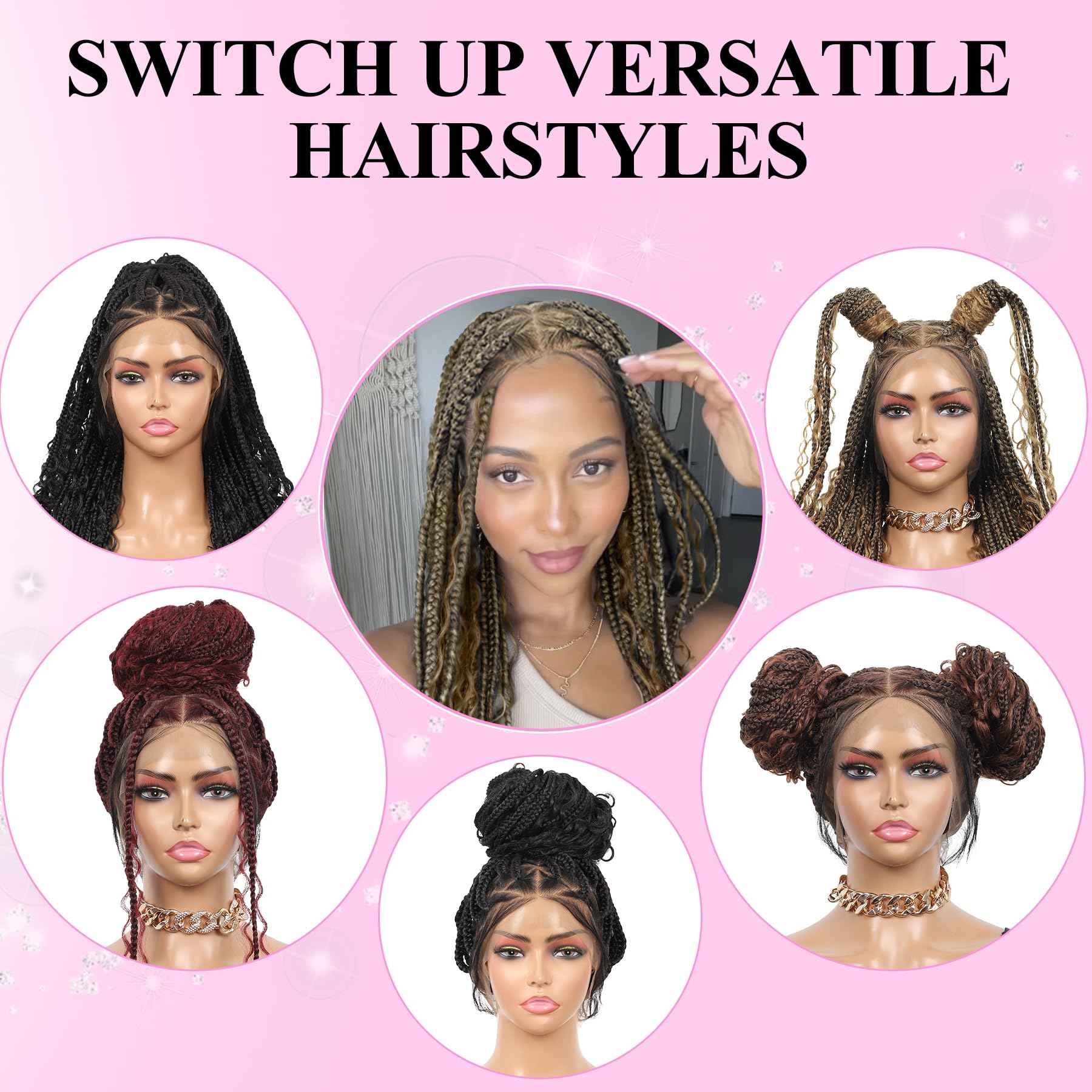 KERNORV 360° HD Full Lace Knotless Boho Braided Wigs for Women Full Lace Box Braid Wig with Baby Hair Premium Synthetic Lace Front Braided Wigs with Curly Ends 36" Light Brown